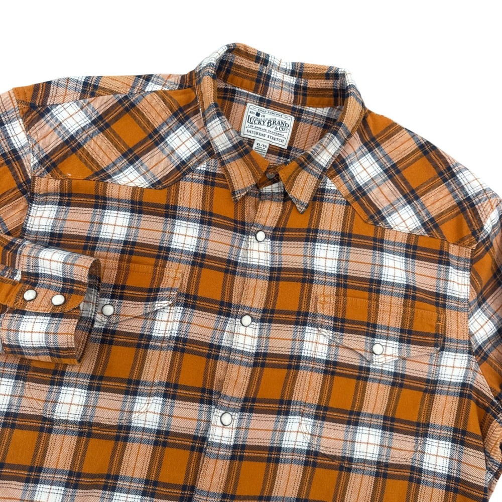Lucky Brand Saturday Stretch Western Pearl Snap Plaid Flannel Shirt Men's XL